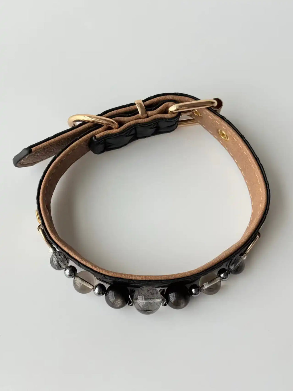 premium black woven leather pet collar with natural gemstone chain