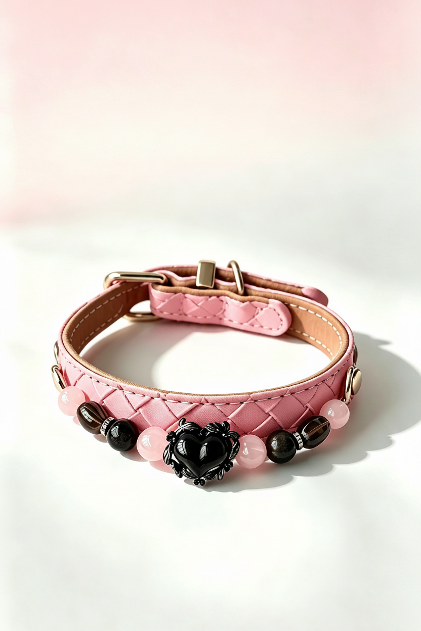 pink woven leather cat collar with black obsidian heart and rose quartz crystal bead chain