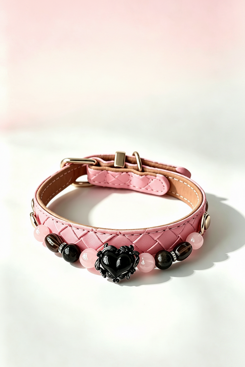 pink woven leather cat collar with black obsidian heart and rose quartz crystal bead chain