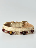 cream woven leather cat collar with tiger eye and carnelian crystal chain