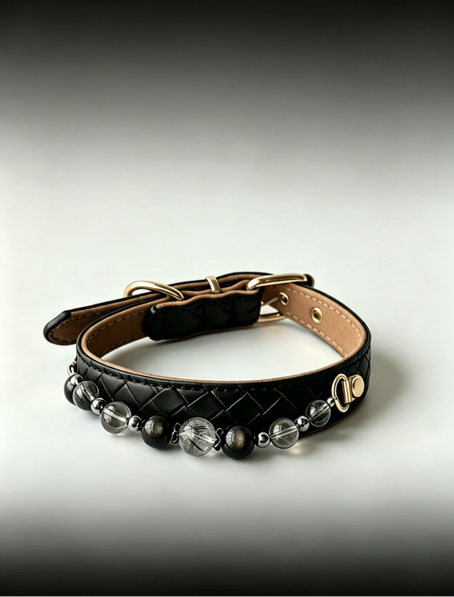 black woven leather cat collar with obsidian and rutilated quartz crystal chain