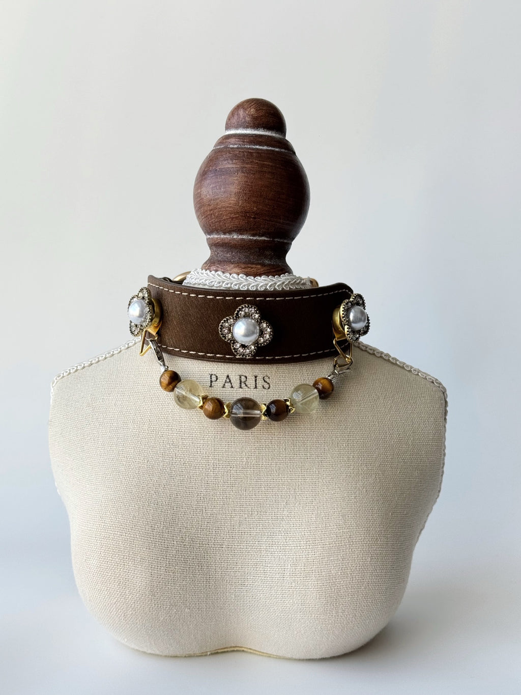 luxury brown leather pet collar with natural gemstone beads on cat