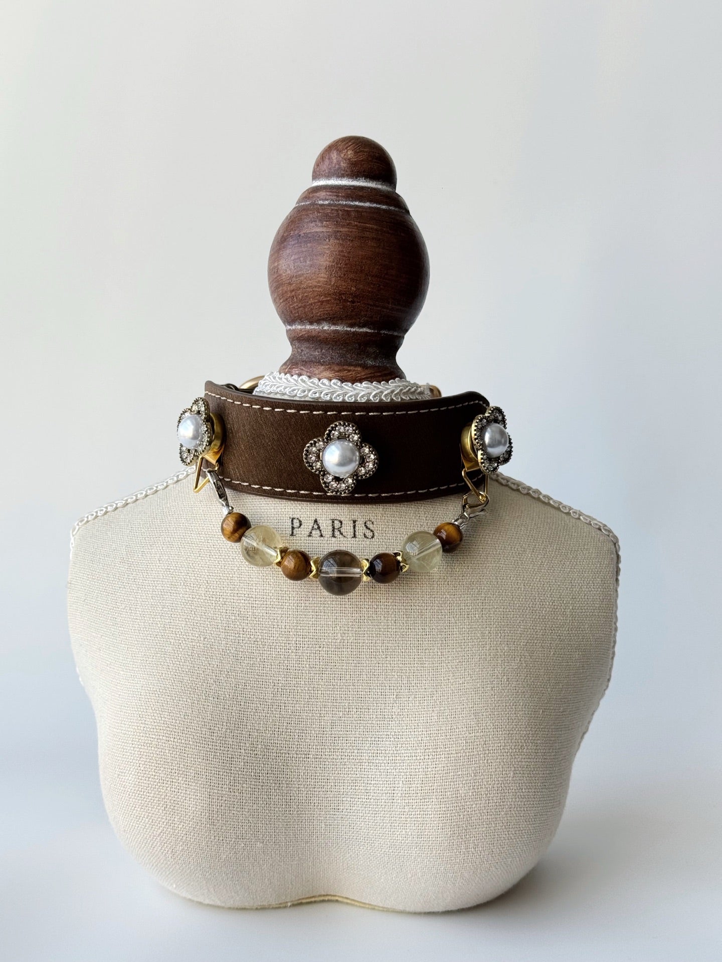 luxury brown leather pet collar with natural gemstone beads on cat