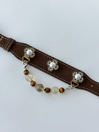 brown leather pet collar with citrine garnet bezel and crystal bead chain