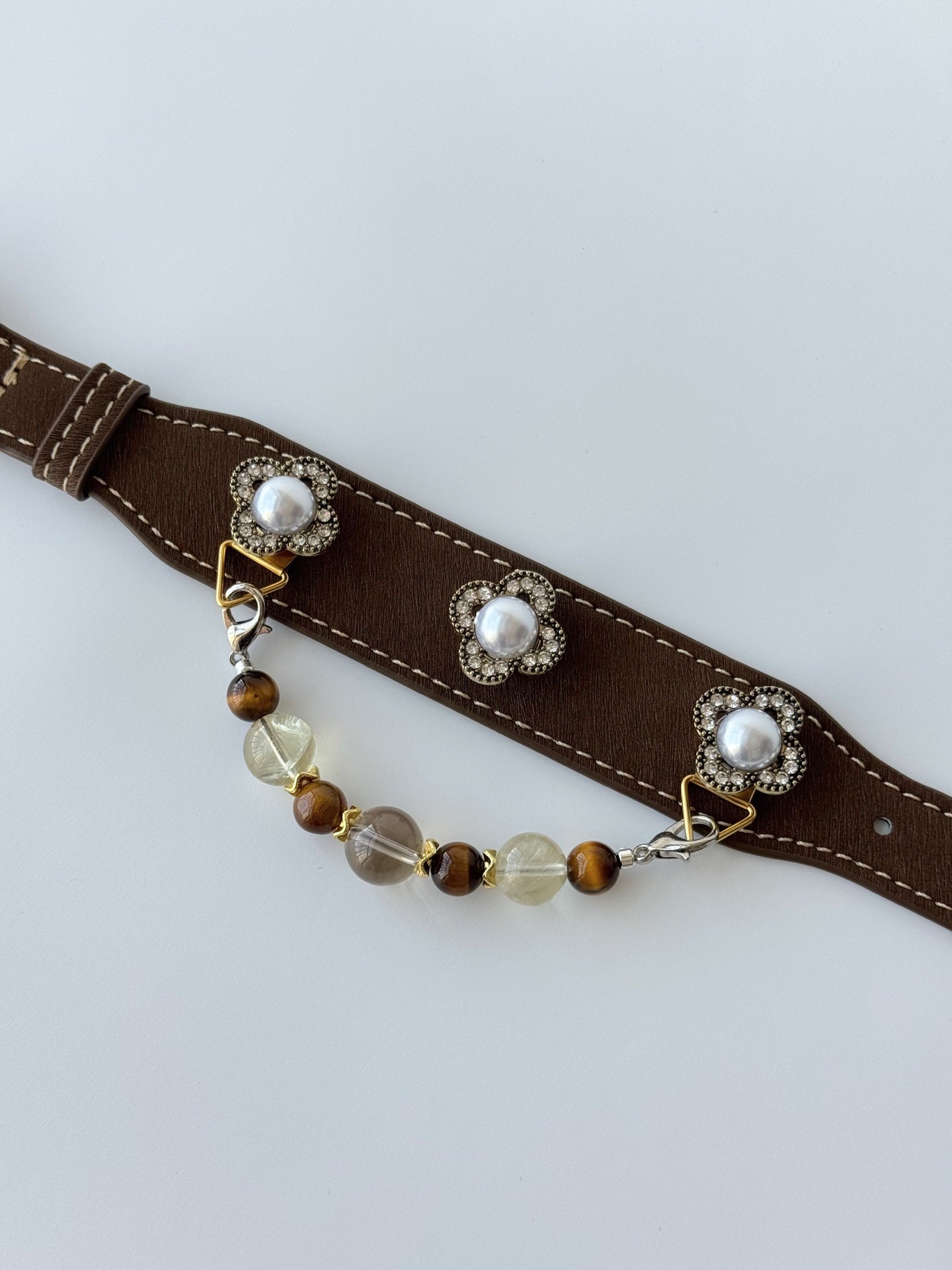 brown leather pet collar with citrine garnet bezel and crystal bead chain