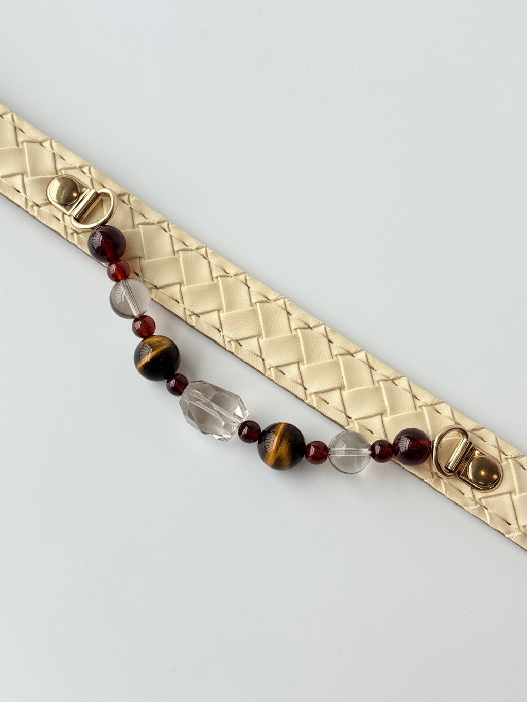 luxury cream leather cat collar with natural gemstone beads on pet