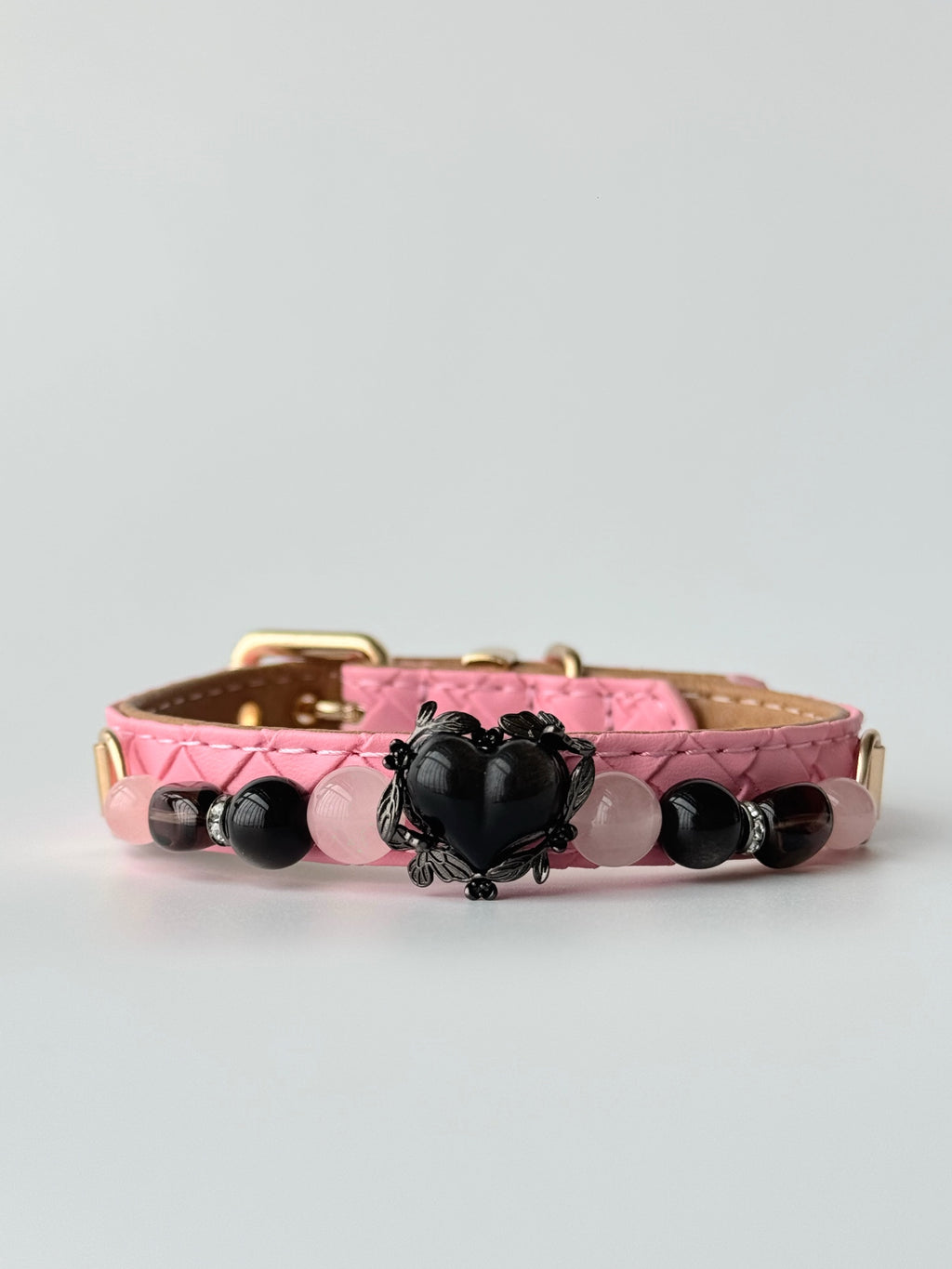 luxury pink leather cat collar with rose quartz and obsidian heart beads on pet