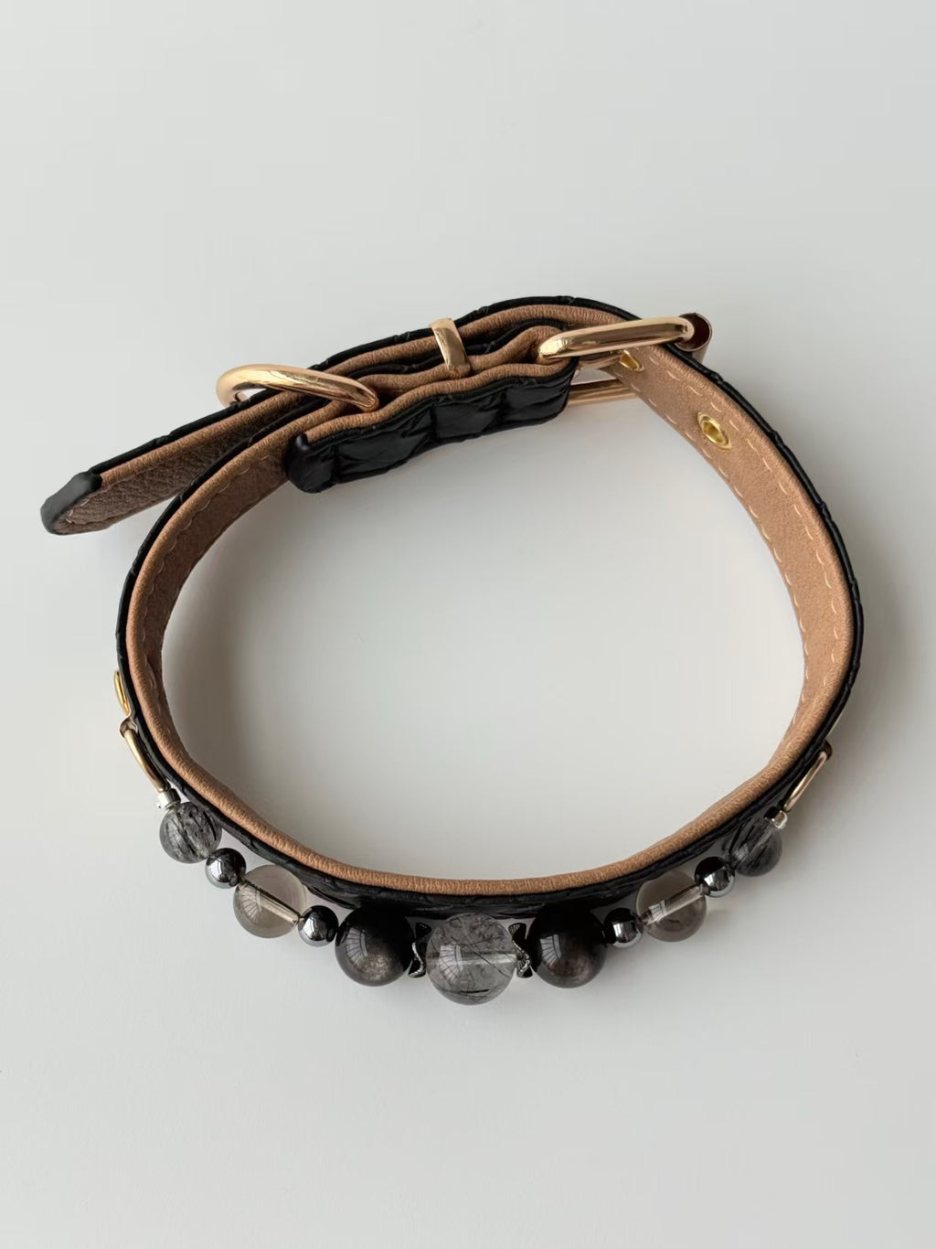 premium black woven leather pet collar with natural gemstone chain