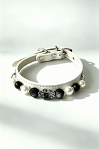 white leather pet collar with rutilated crystal leaf and pearl bead chain