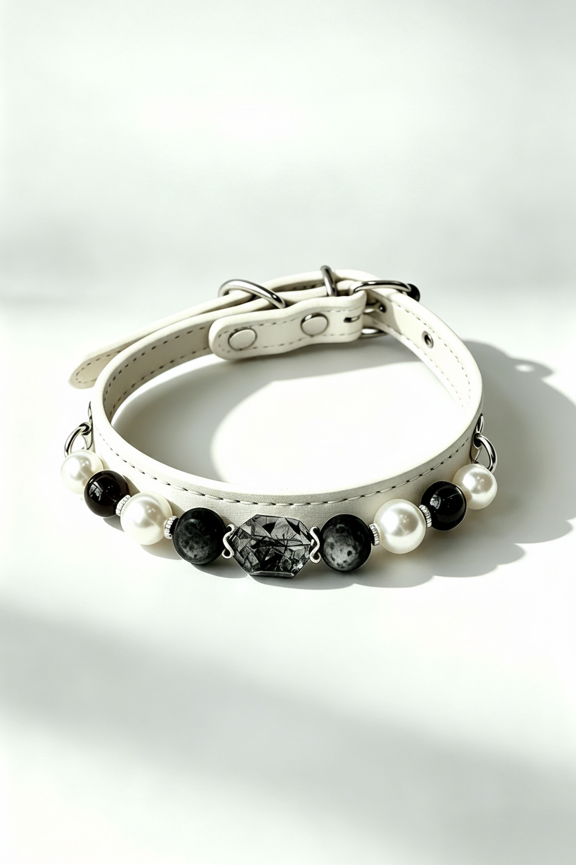 white leather pet collar with rutilated crystal leaf and pearl bead chain