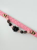pink woven leather cat collar with black obsidian heart and rose quartz beads
