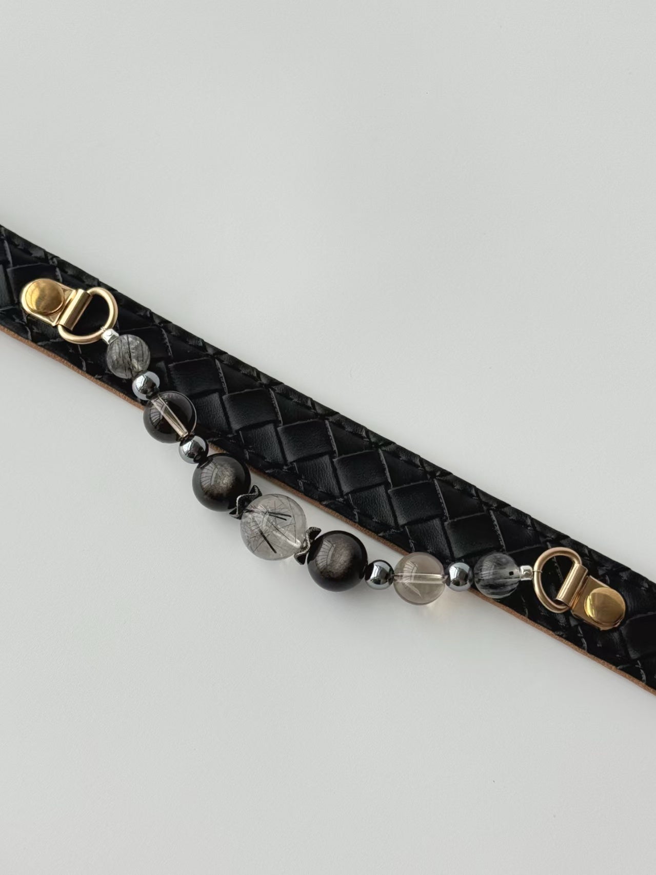 luxury black leather cat collar with rutilated quartz crystal beads on pet