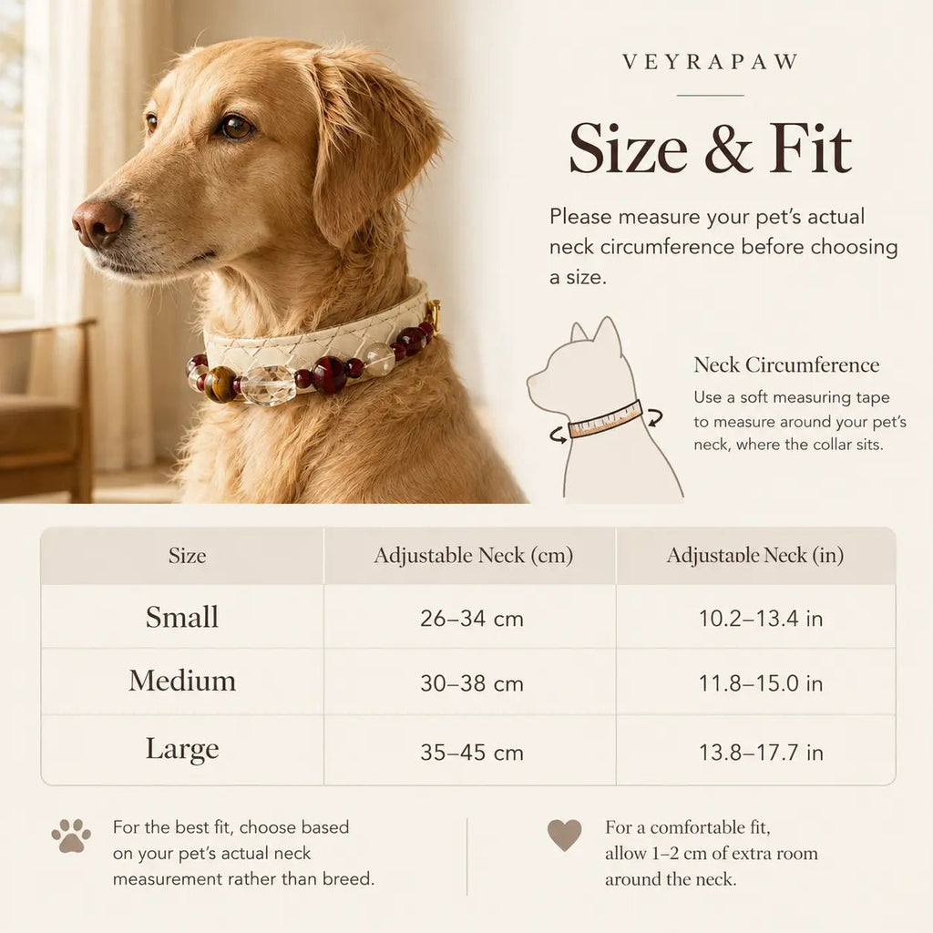 Size guide and neck circumference measurement chart for Veyrapaw pet collars