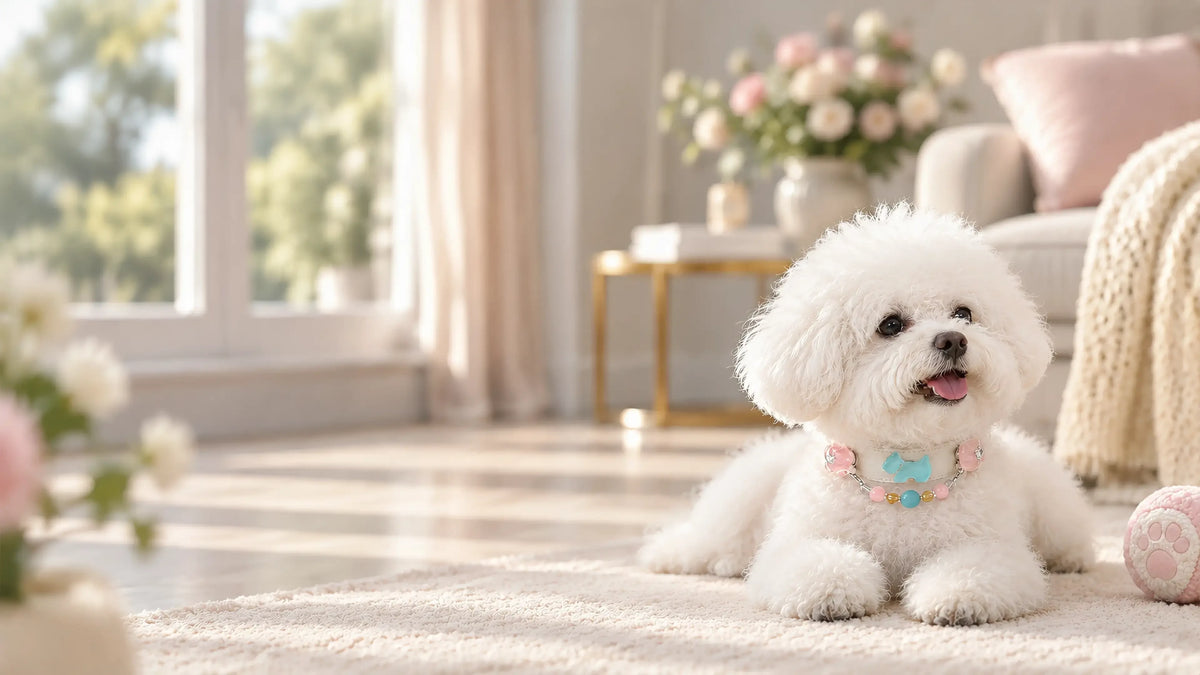 White Maltese wearing a crystal and pearl collar for small dogs in an elegant home