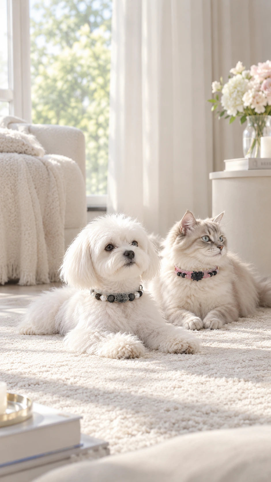 Small white dog and fluffy cat wearing crystal and pearl pet collars in a bright elegant living room-veyrapaw