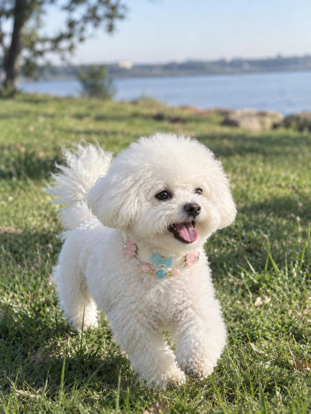 Close-up of a happy dog wearing the Aquamarine and Pink Crystal collar running on the grass