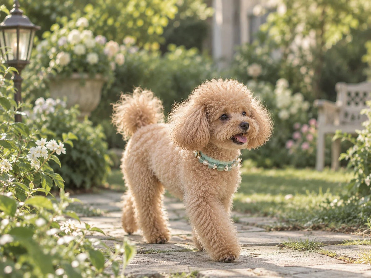 Small dog wearing the handmade Green Fluorite pet collar walking in a garden