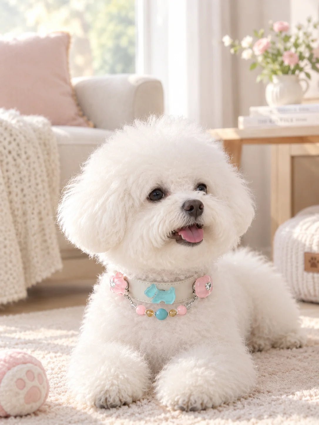 Small dog wearing the luxury Aquamarine and Pink Crystal crystal pet collar resting on a rug