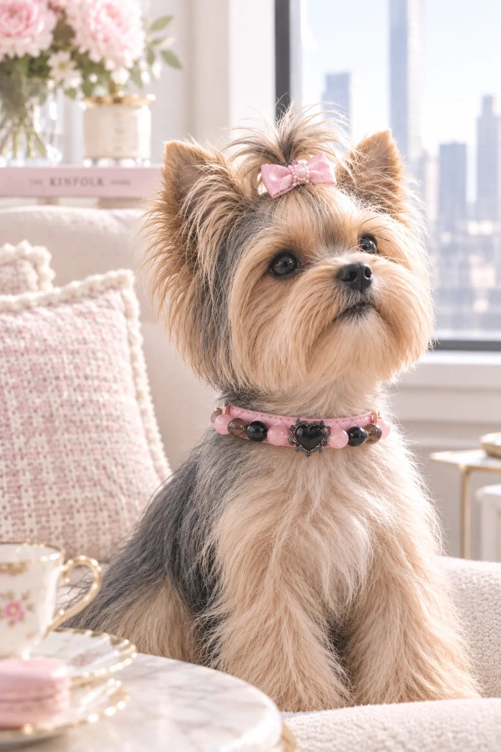 A Yorkshire Terrier sitting comfortably on a sofa wearing the handcrafted Rose Noir crystal pet collar