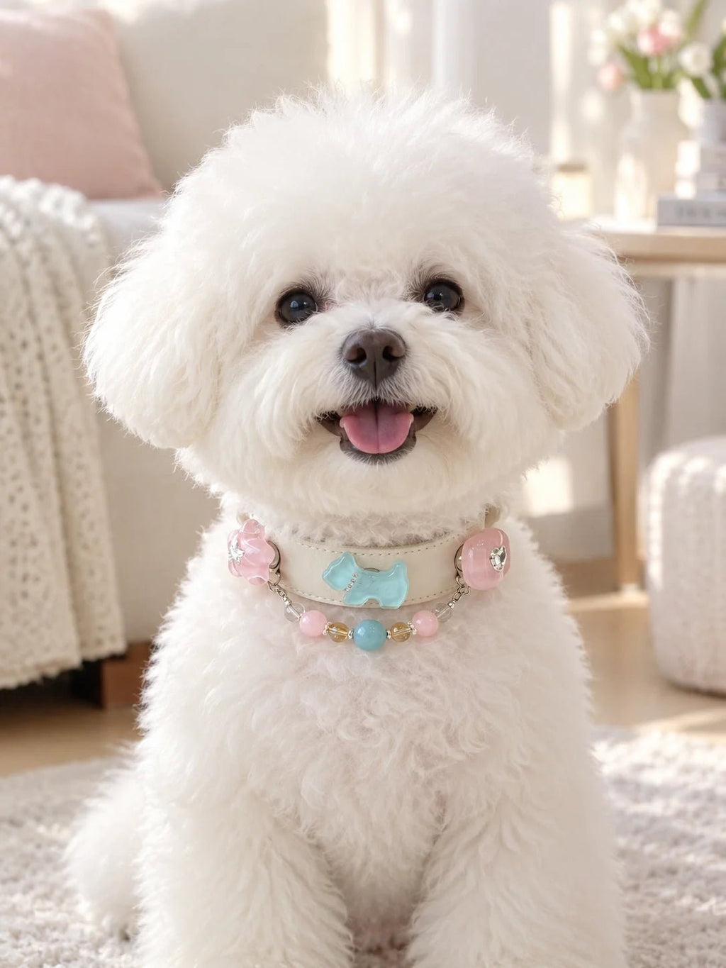 Small dog wearing the Aquamarine and Pink Crystal gemstone collar sitting on a rug