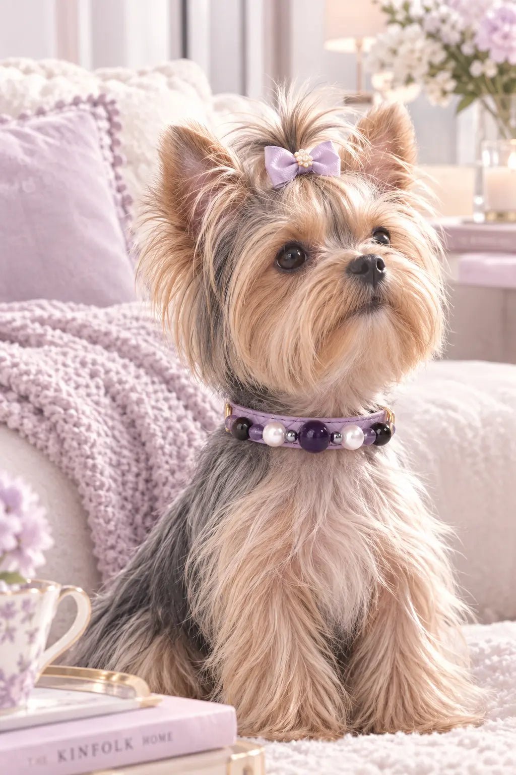 A small dog wearing a Veyrapaw Uruguayan Amethyst and Obsidian collar, sitting in front of a sofa.